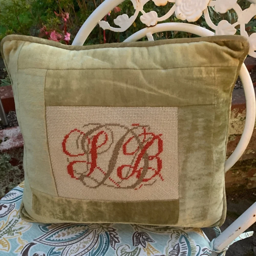 Vintage Monogram Needlepoint Throw Pillow